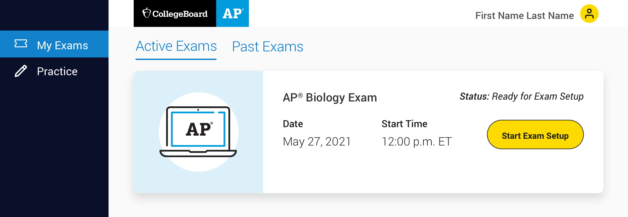 Exam Setup Screen