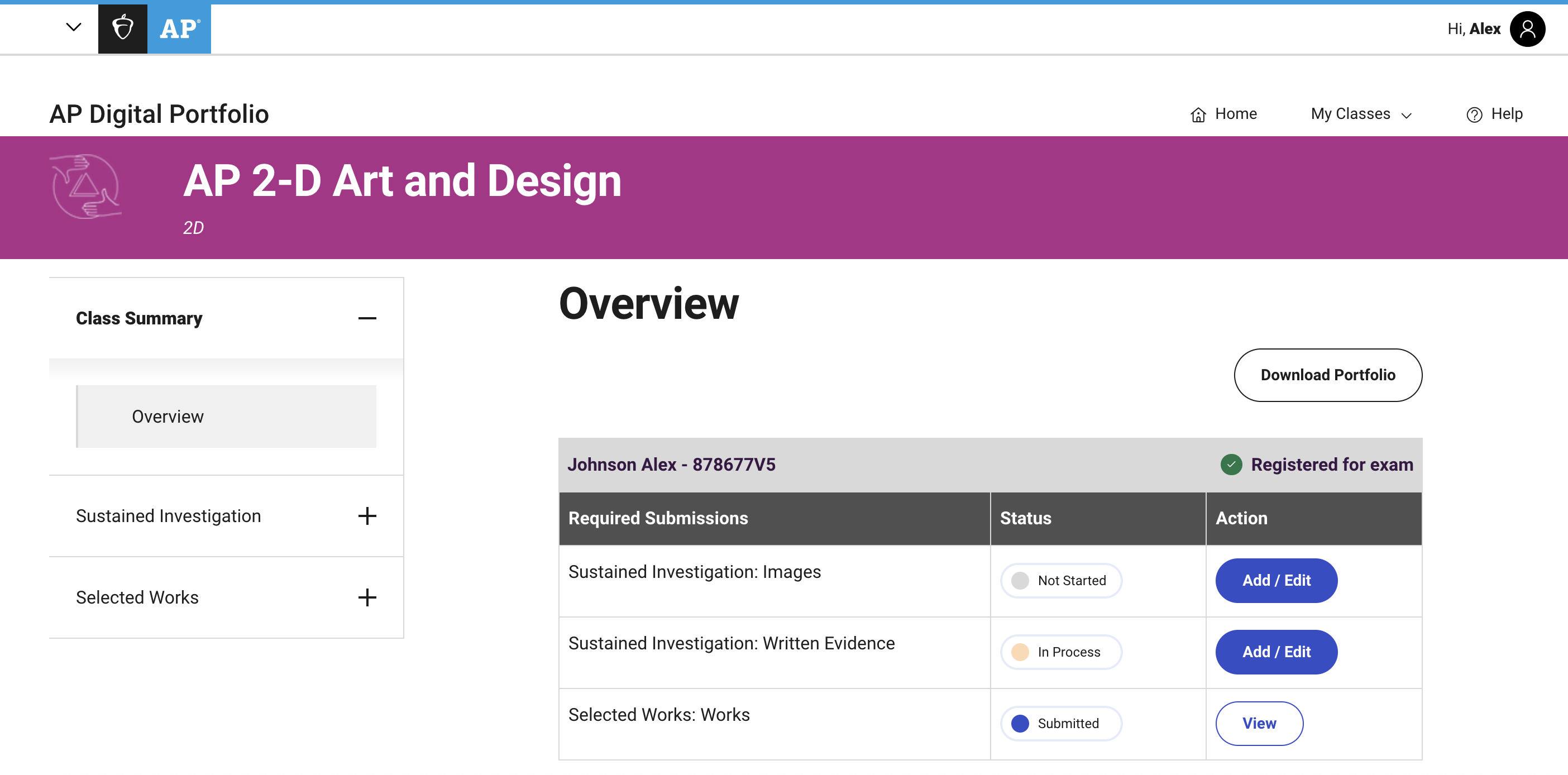 Screenshot of a student’s AP Digital Portfolio Class Summary Overview page, listing the statuses of their 3 AP Art and Design portfolio components.