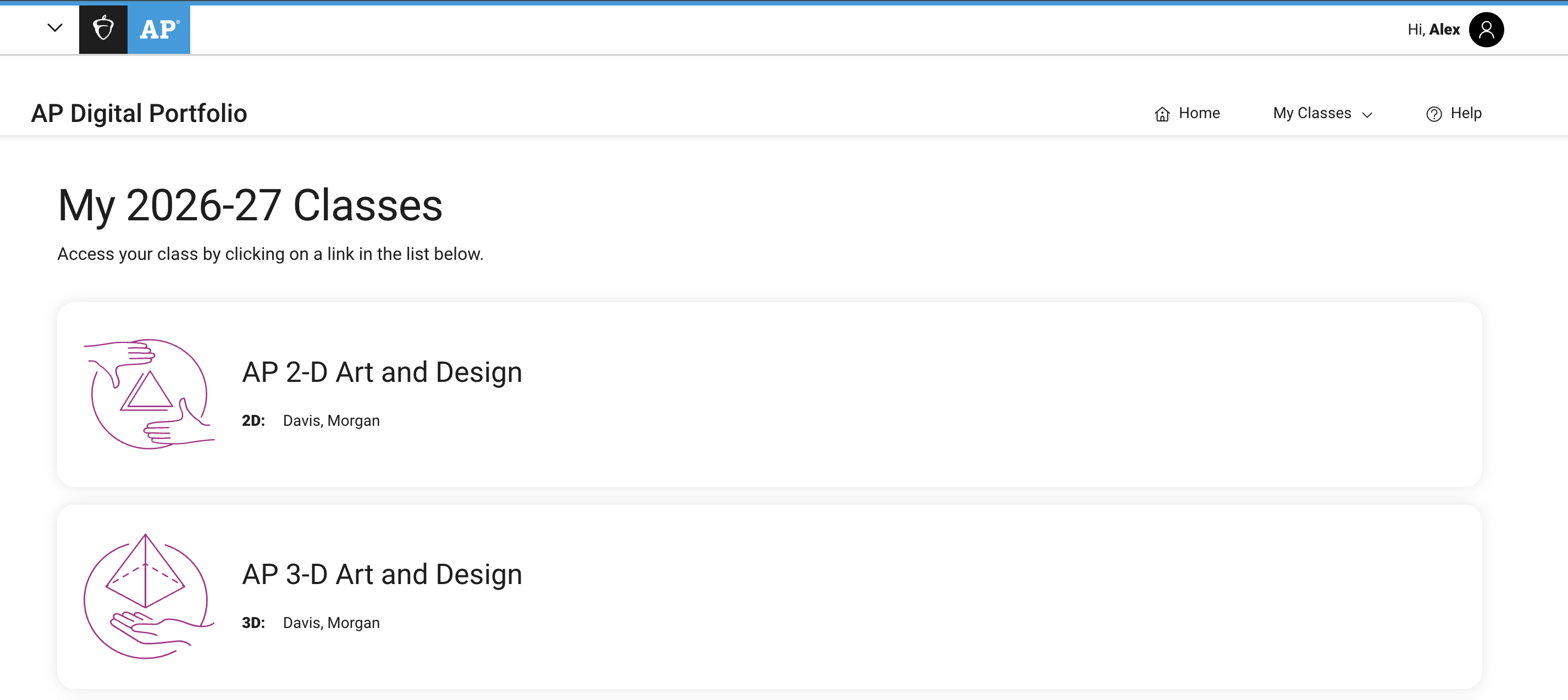 Screenshot of a student’s AP Digital Portfolio home page showing their AP Art and Design courses.